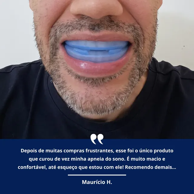 Cliente usando o Good Night Anti-Ronco, com depoimento em texto sobre a experiência de uso